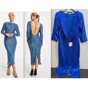 ASOS Design NWT Embellished Sequin Midi Dress Open Back Royal Blue US 14